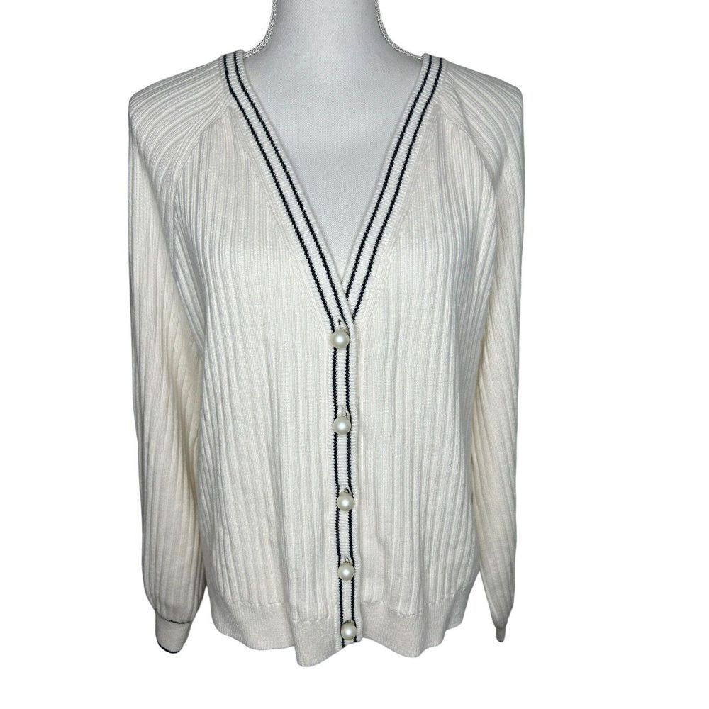 Talbots Ivory Pearl Button Knit Sweater Cardigan Jacket Ribbed Sz L